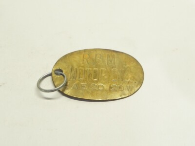 #ad VINTAGE RPM MOTOR OIL SAE 20 20W BRASS MOTOR OIL PUMP TAG 3 1 2quot; PRE OWNED USED $13.48