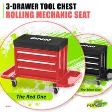 Powder Coated 3-Drawer Tool Chest Rolling Mechanic Padded Creeper Seat w/Trays