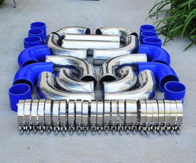 12 pcs 3'' Universal Polished Intercooler Piping + Blue Silicone Coupler + Clamps