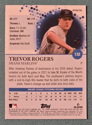 2022 Topps Pristine REFRACTOR Trevor Rogers MIami Marlins MLB BASEBALL #132 - Picture 2 of 4