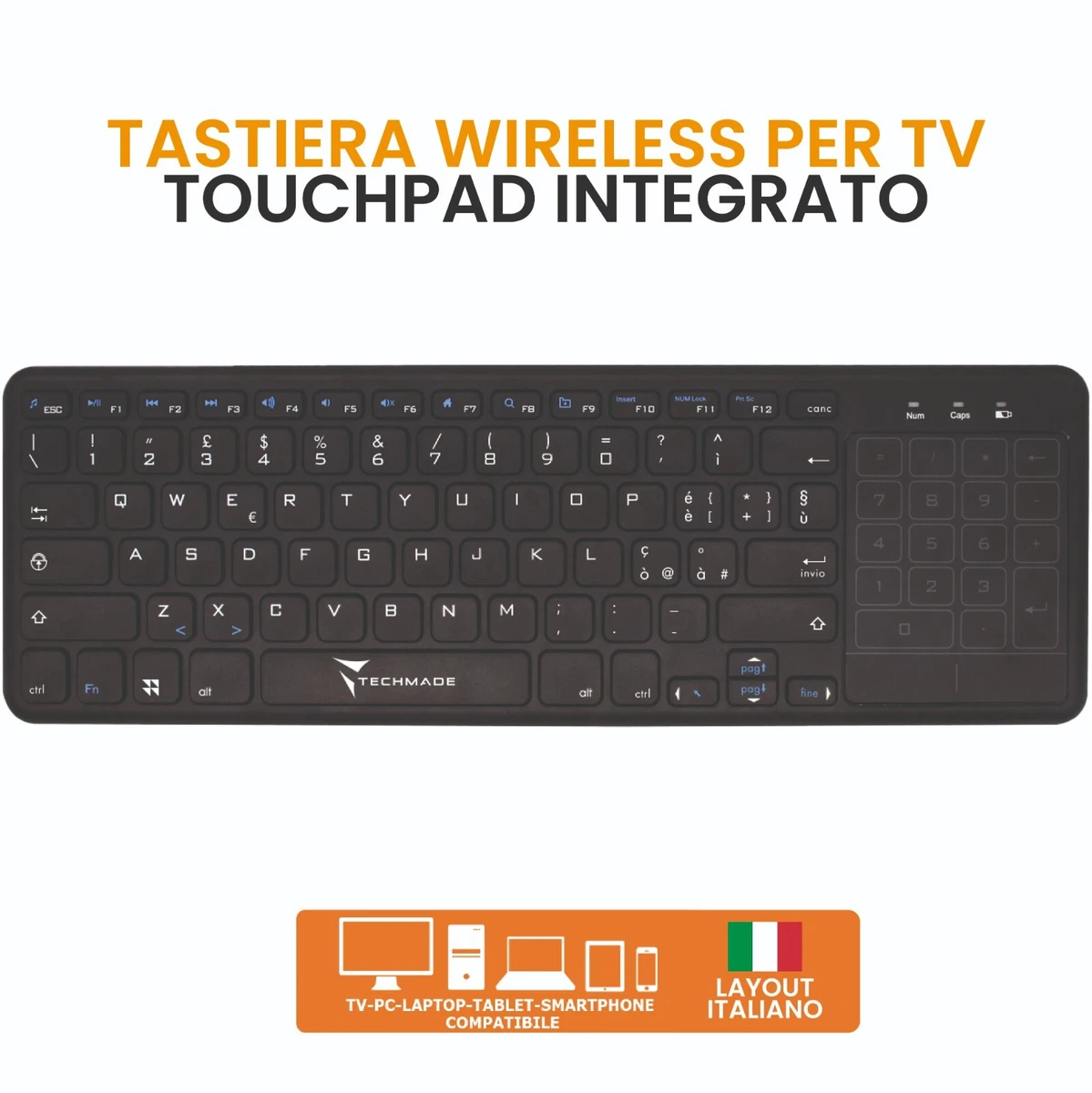 Tastiera senza fili , retroilluminata, ergonomica con touchpad, per