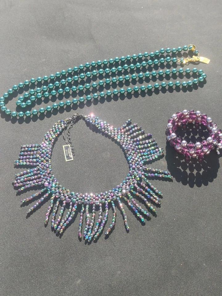 titanium tone beaded fringe necklace set green faux pearls Purple Bracelet - Imagem 2 de 4