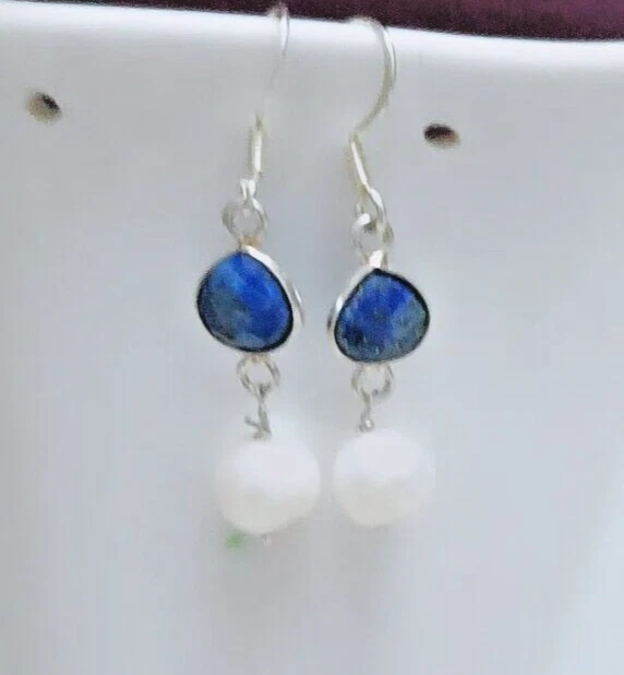 Orecchini in argento sterling 925 pendenti con lapislazzuli naturali e... - Immagine 2 di 3