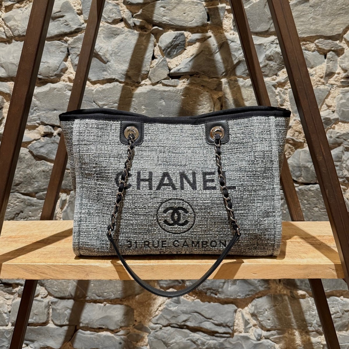 Chanel 2018 Black Grey Tweed Small Deauville Tote Bag