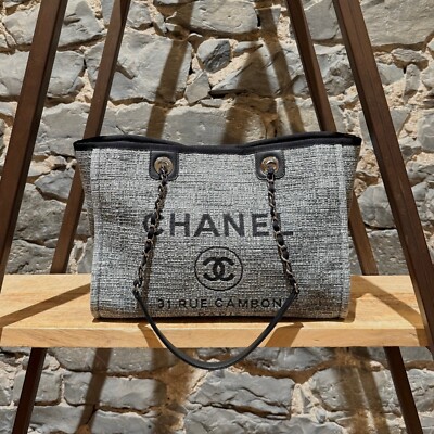 Chanel 2018 Black Grey Tweed Small Deauville Tote Bag | eBay Chanel 2018 Black Grey Tweed Small Deauville Tote Bag | eBay