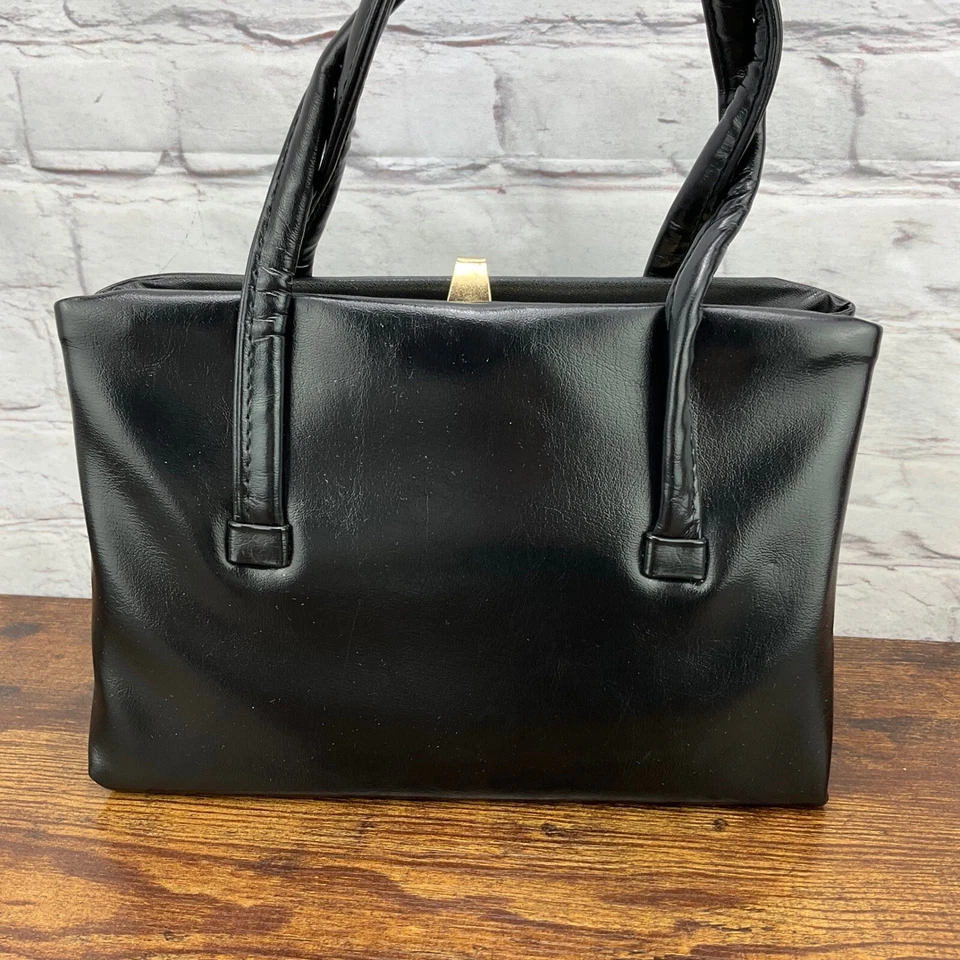 Vintage Handbag Black Top Handle Structured Purse Classic Satchel Small - Image 2 of 4