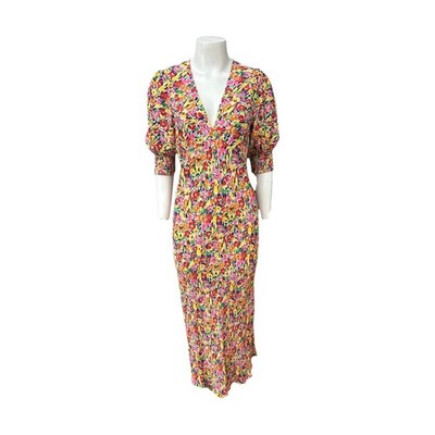 RIXO Target Floral Bias Cut Dress Sz 6 Puff Sleeve V Neck Viscose ^
