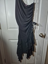OXOXO Women’s Black Fancy Dress Sz L Ruched Side, Ruffled Swing Bottom READ