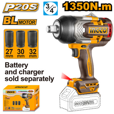 INGCO Schlagschrauber 3/4   1350 Nm 20 V Brushless Akku (nur Gehäuse)
