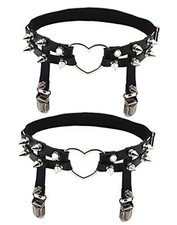 Adove Women Adjustable Leather Thigh Garter, Heart Shaped 2p Black Heart-shaped