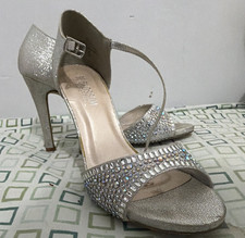 Women's Silver Glitter Rhinestone Strappy Ankle Strap Open Toe Stiletto 7
