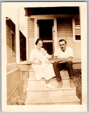 Vtg B&W Snapshot Family On Porch With Baby 1930s