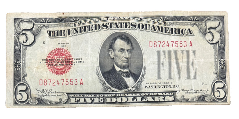 1928 $5 United States Red Seal Note, F/VF Note, FR# 1525