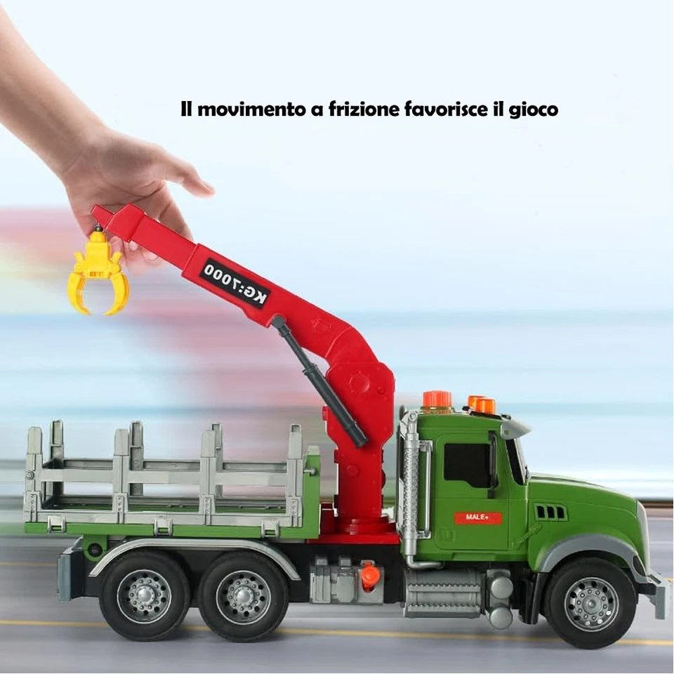 Camion Giocattolo con Tronchi Legno e Gru Veicolo Gioco per Bambini Idea Regalo - Immagine 2 di 4