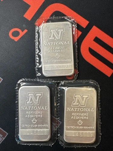 (3) Bar Lot Vintage 1 Troy Oz .999 Fine Silver National Refiners Sequential #’s