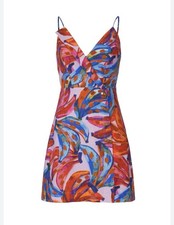 FARM RIO Coloured Bananas Linen Wrap Button Mini Tank Dress XS Resort Tropical