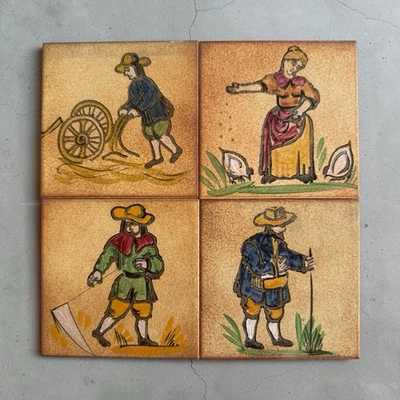 Lot 4 carreaux céramique West Germany paysans peints main décor vintage - Photo 1/4
