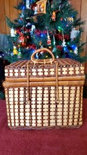 Lovely Woven Wicker Picnic Basket With Double Handles Includes 4 Metal Plates...