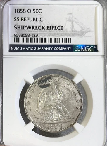 1858-O SS Republic NGC Shipwreck Effect! Seated Liberty Half Dollar