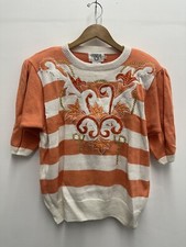 VTG Cervelle Ramie Cotton Knit Short Sleeve Sweater Beaded Peach/White XL Wmns