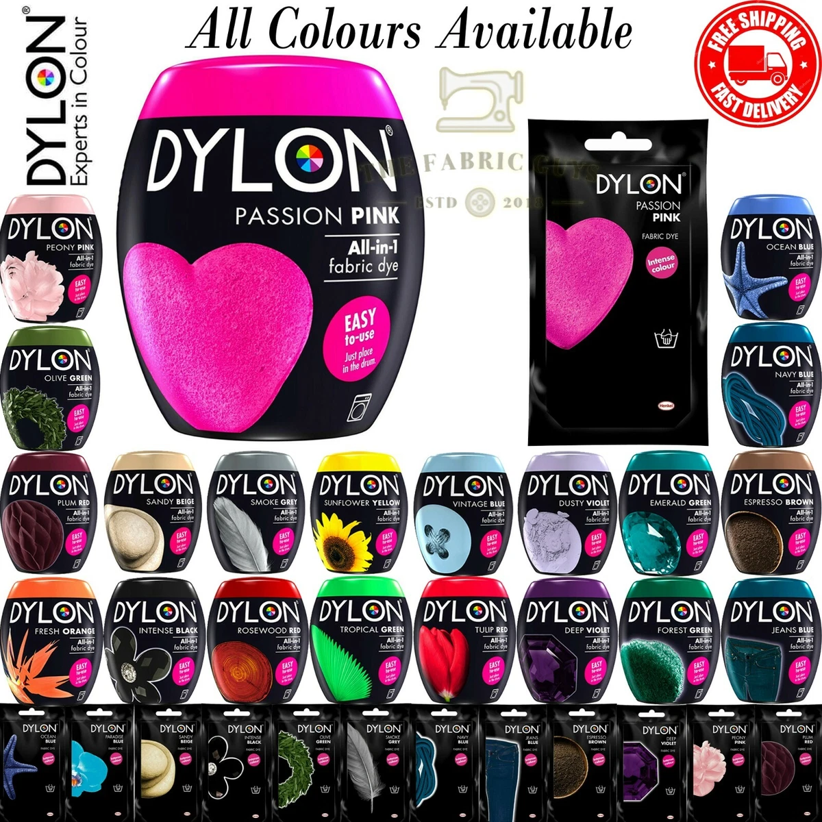 22 COLOURS DYLON FABRIC & CLOTHES FABRIC DYE MACHINE WASH 350g POD INCLUDES  SALT