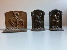Vtg Bookend End of The Trail Indian Warrior W/ Spear on Horseback & 2 Thinker 
