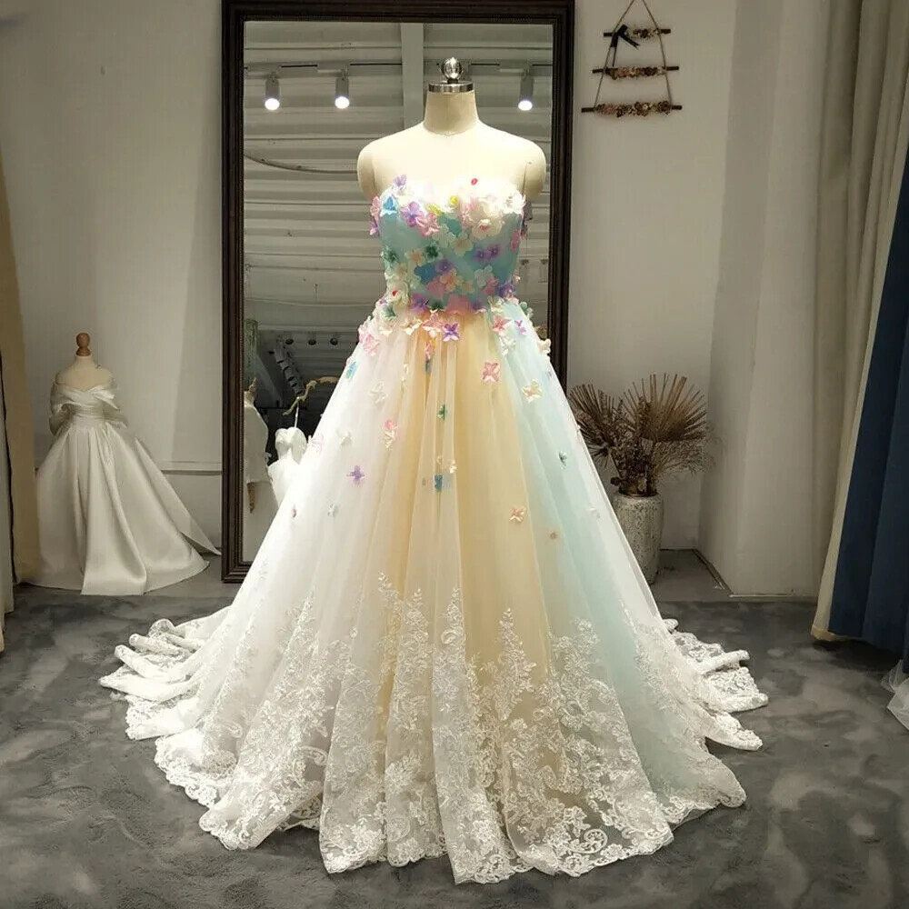 Colorful Rainbow Wedding Dresses Strapless Tulle 3D flowers A Line Bridal  Gowns* - Main Image