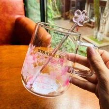 Starbucks Pink Cherry Blossom 12oz Glass with Stirring Stick Holiday Gifts