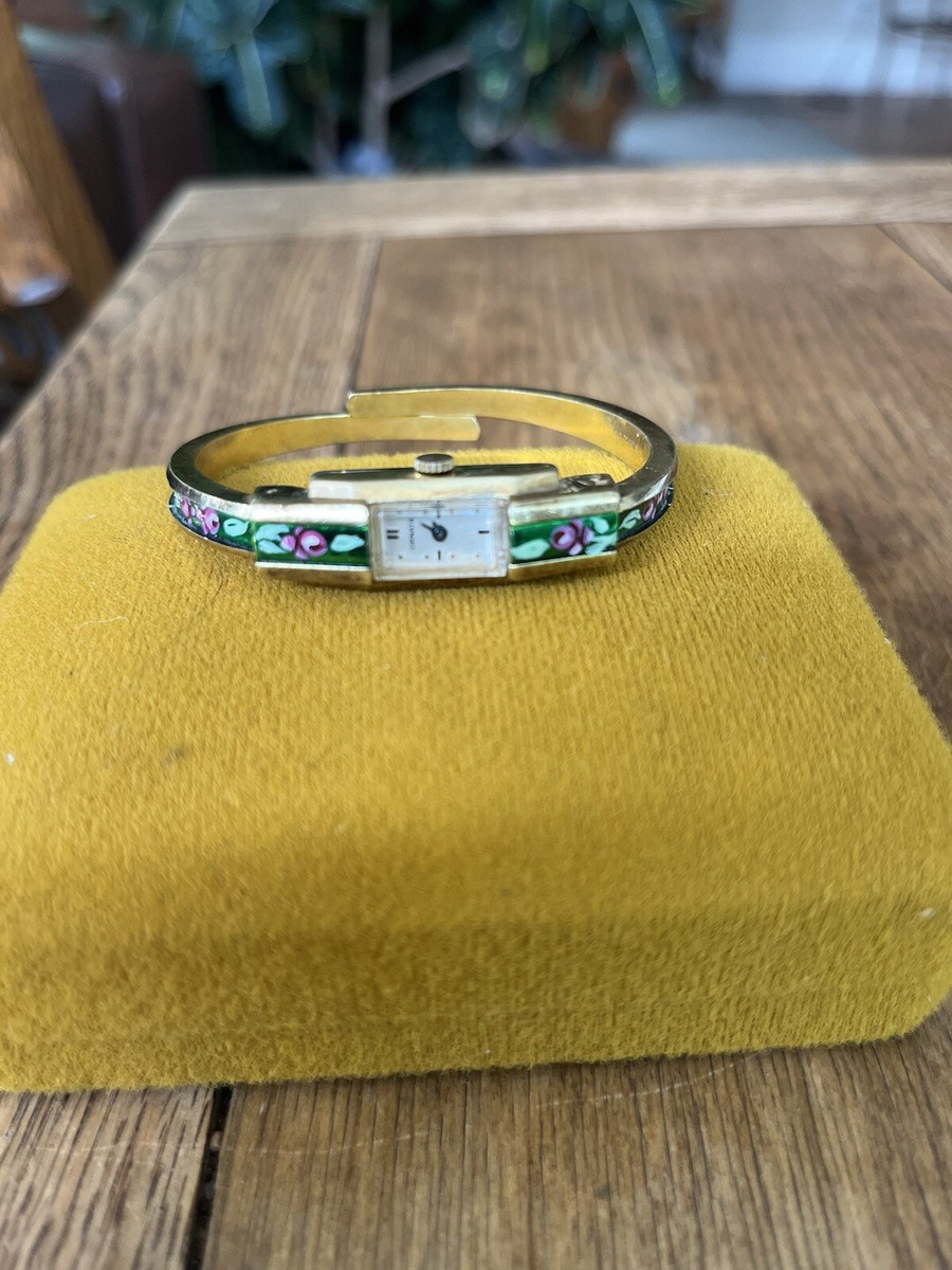 Vintage Ornata Ladies Floral Enamel Gold Tone Bracelet Watch Vintage 1960-1970 Ornata Manual Wind Surprise Watch With  main image 3