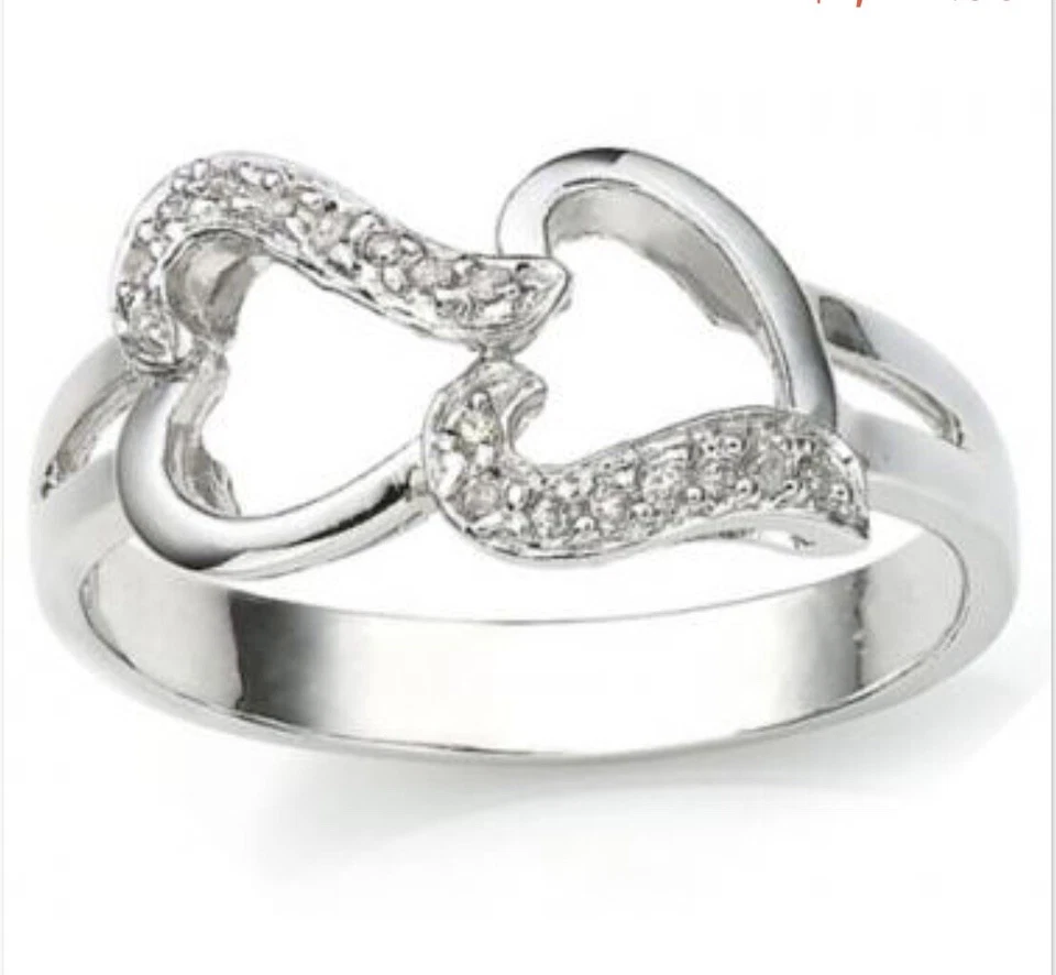 GORGEOUS WOMENS 14K WHITE GOLD FINISH DIAMOND SIZE 7 LINKED HEART RING - Image 4 of 4