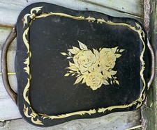 Vintage Metal TV Lap Bed  26” X 17” Very Retro Black Floral Gold Trim