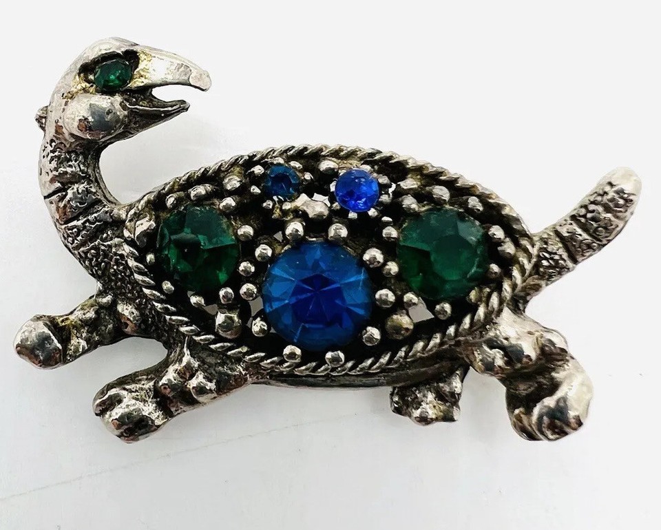 Blue & Green Jewel Tone Rhinestone Figural TURTLE Brooch Vintage
