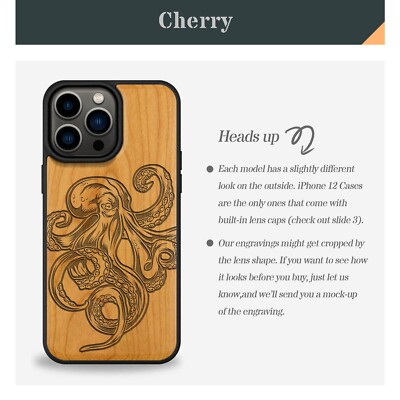 Magnetic Wood Case for iPhone 13 14 15 16 17 Pro Max Plus MagSafe Cover Octopus