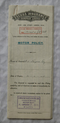 1939 Excess Insurance Co. Motor Policy, 1936 Buick Saloon, Payne, London