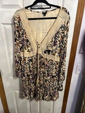 Torrid Size 2 Tan Floral Peasant Boho Dress Tassles Long Bell Sleeve