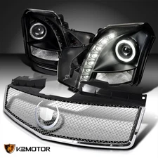 Fits 2003-2007 Cadillac CTS Black LED Halo Projector Headlights+Mesh Hood Grille
