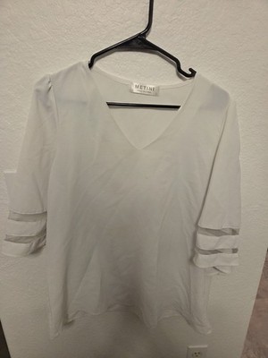 METINI Women's White Solid V-Neck Ruffle 3/4 Sleeve Pullover Blouse Size L