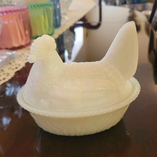 Vintage White Milk Glass Oval Hen on Nest Small Covered Dish with Lid Approx. 6"