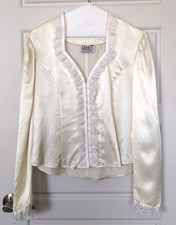 VTG Satin Ivory Lace Pearl Button Puff Sleeve Victorian Blouse Size M Wedding