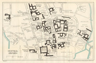 CENTRAL OXFORD Vintage Stadtplan/Stadtplan. Universitätskollegs. WARD LOCK 1924 Karte
