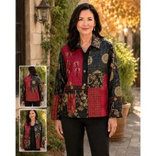 Chico  s Size 1/Sm Asian Patchwork Jacket Red Black Gold Embroidered Silk Blend