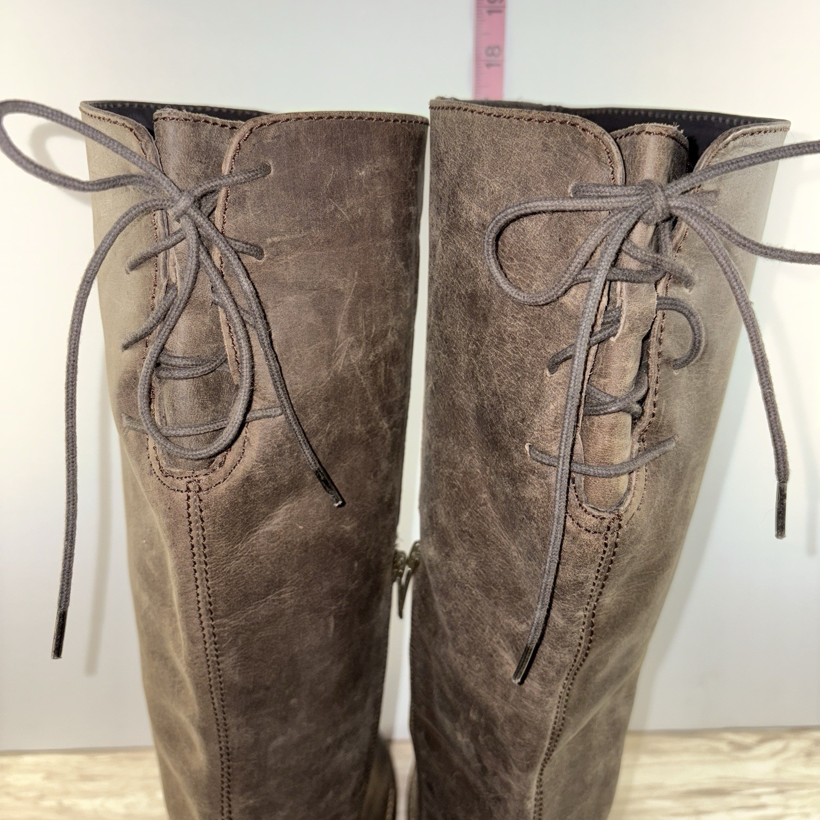 Diba True Brown Leather Tall Riding Boots Women’s 8.5 Lace Up Back Zip Western