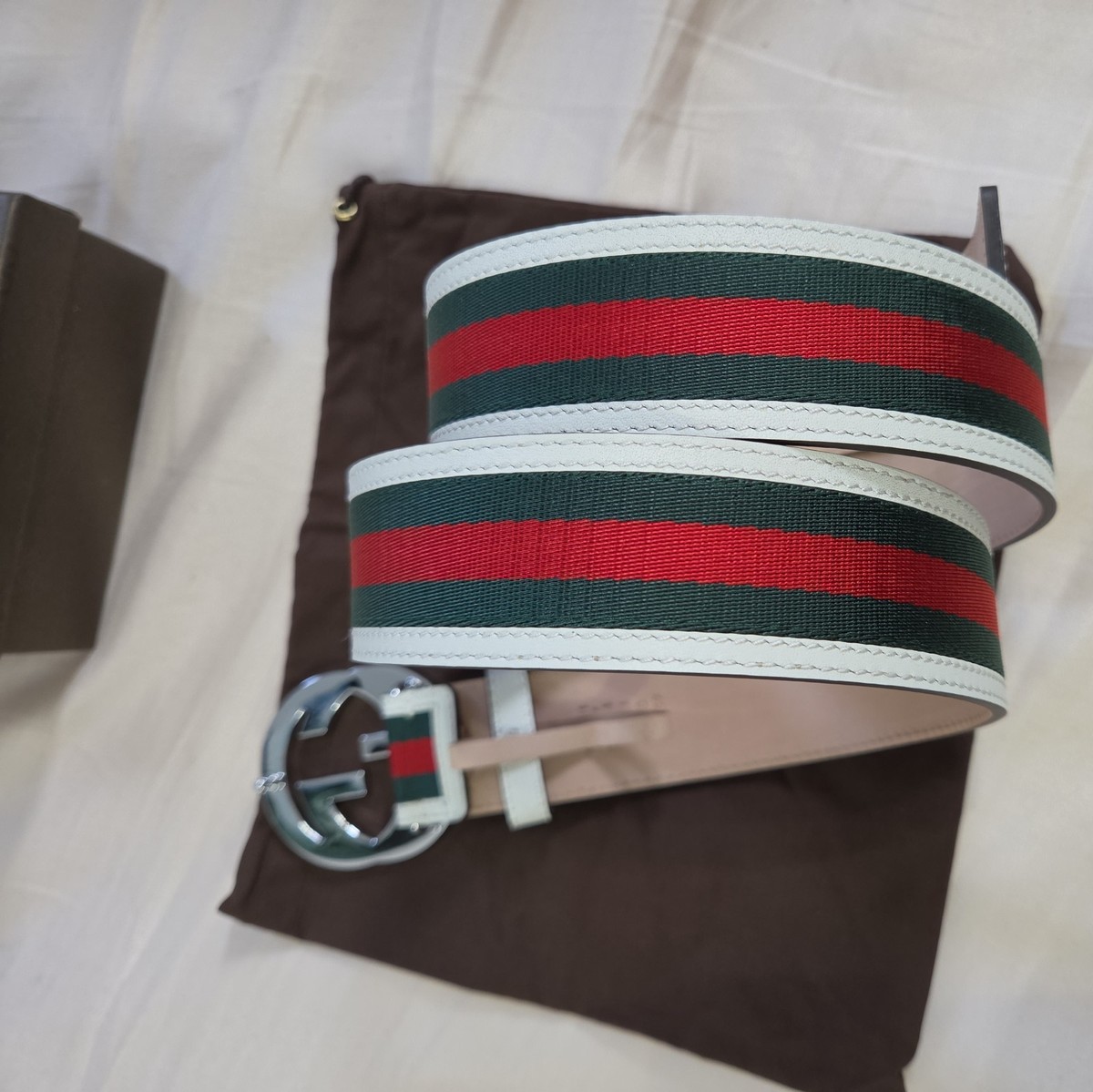 Authentic Gucci White Green And Red Striped Belt, Men Size 34-36