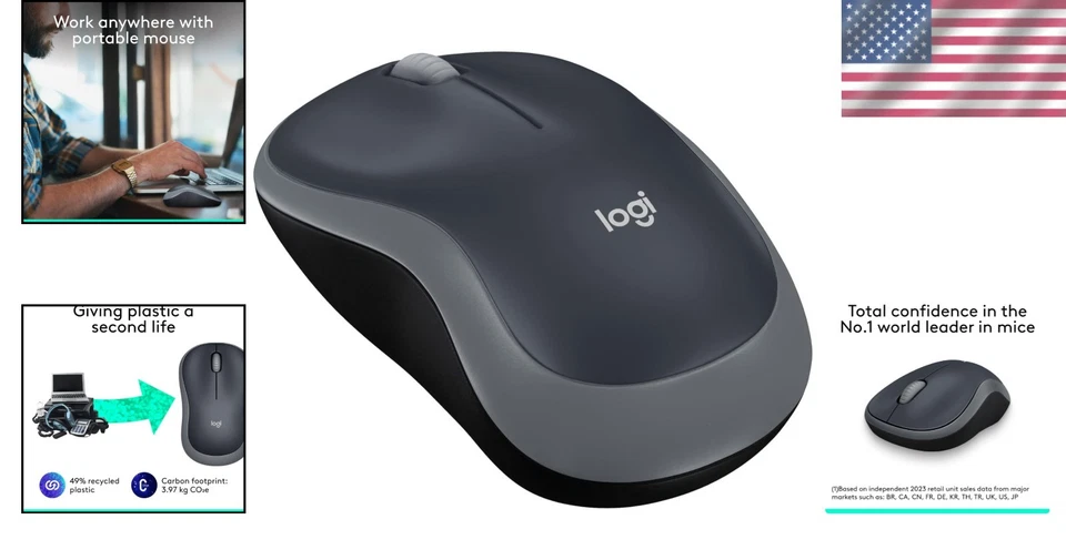 Ambidextrous M185 Wireless Mouse 1000 DPI Optical 1  Battery Swift Grey - Image 2 of 4