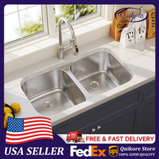 Quikore 32 Inch Undermount Double Bowl Curved 18 Gauge Stainless Steel Sink