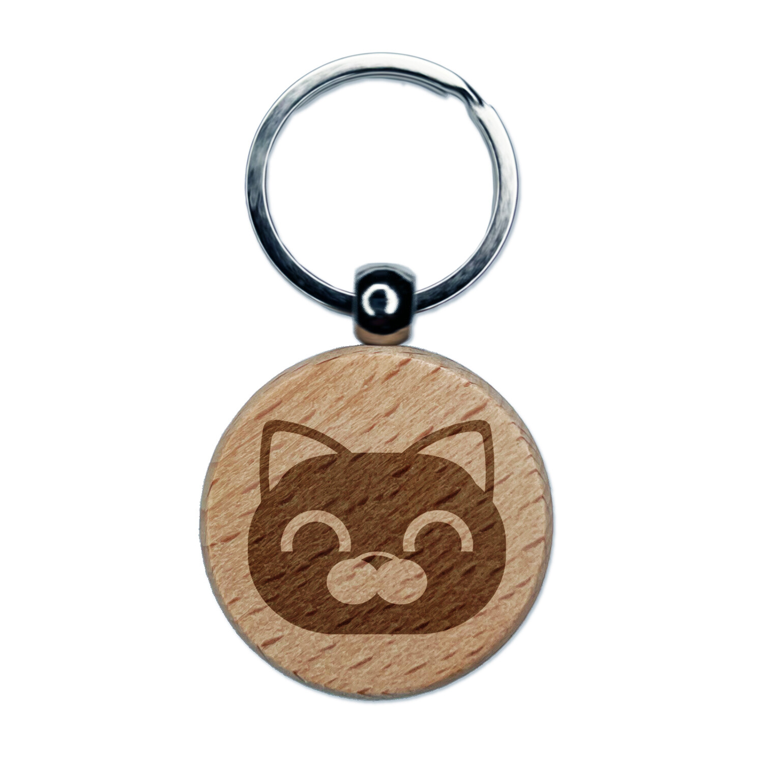 Round Cat Face Happy Engraved Wood Round Keychain Tag Charm