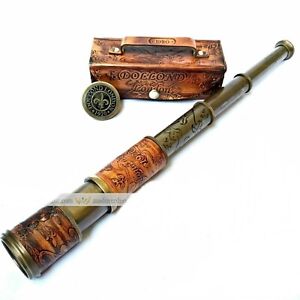 Brass Telescope Antique Spyglass Leather Engraving Scope Pirate Vintage Style