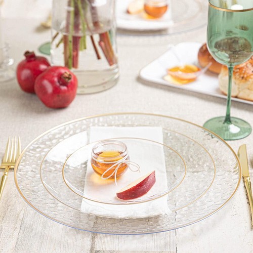10 in Round Hammered Translucent Clear Plastic Dinner Plates with Gold Rim China - Picture 2 of 4