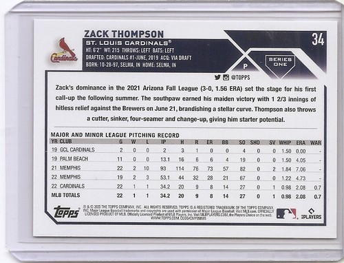 2023 Topps Serie 1 Zack Thompson Tarjeta de Inserción Dorada / 2023 Cardenales de San Luis - Imagen 2 de 2