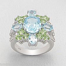 Solid Sterling Silver Natural Swiss Blue Topaz  Peridot Ring size 6 GORGEOUS